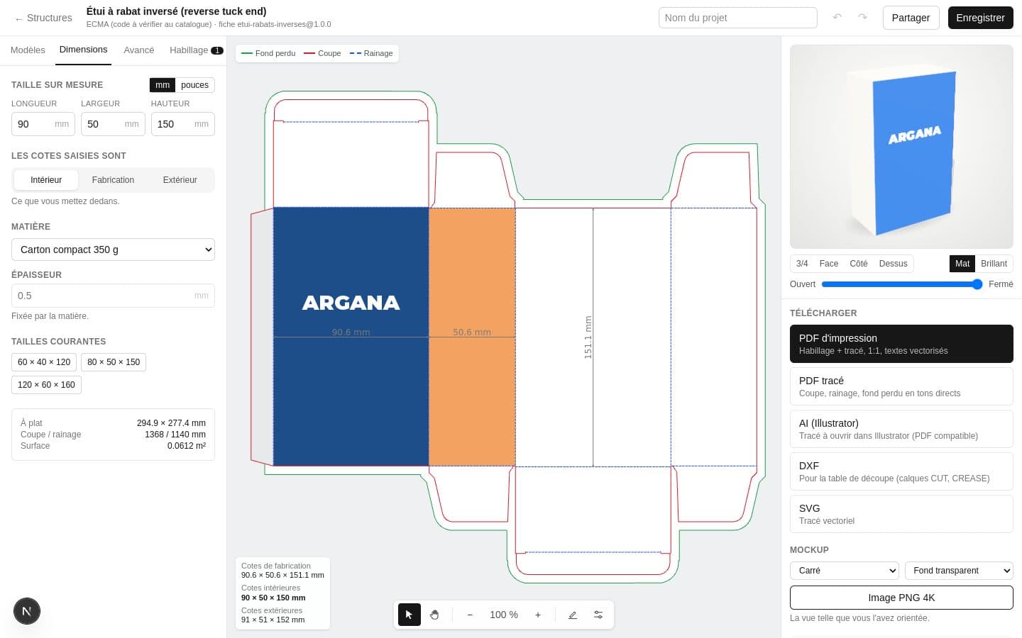 L’éditeur boite.ma : plan de découpe coté à gauche, boîte en 3D et exports à droite